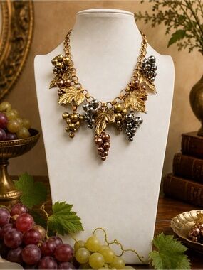 VINTAGE 1940s Copper, Gold-tone, & Silver-tone Grape Cluster Book-chain Necklace
